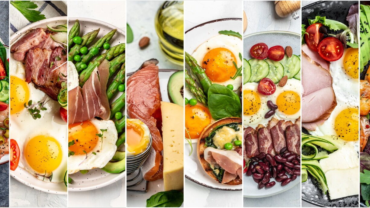 Eine Collage diverser Gerichte auf Tellern: Fleisch, Gemüse, Fisch