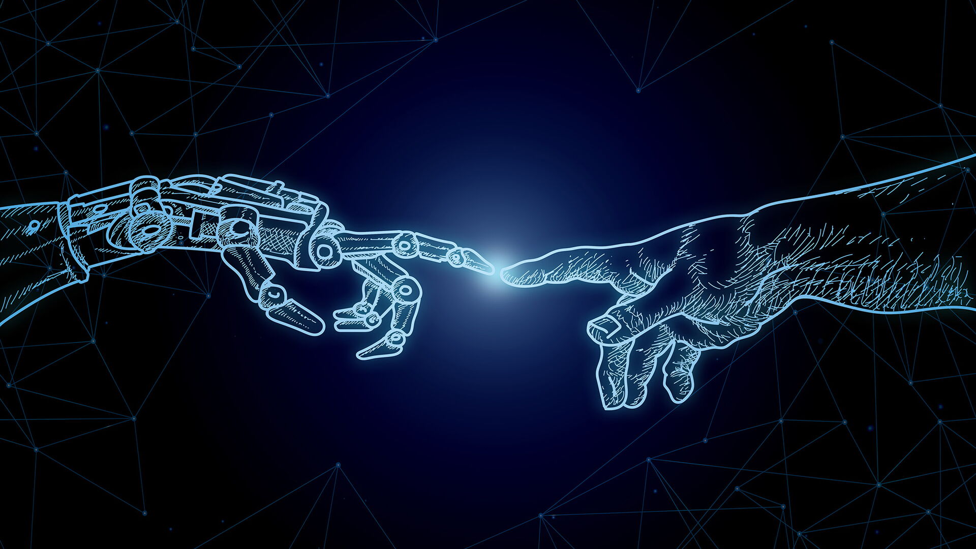 Abwandlung von „Die Erschaffung Adams“, Michelangelos Thema im Kontext von KI (Künstliche Intelligenz) und Robotik, Menschen und Roboter in Verbindung, Science-Fiction-Kunst
