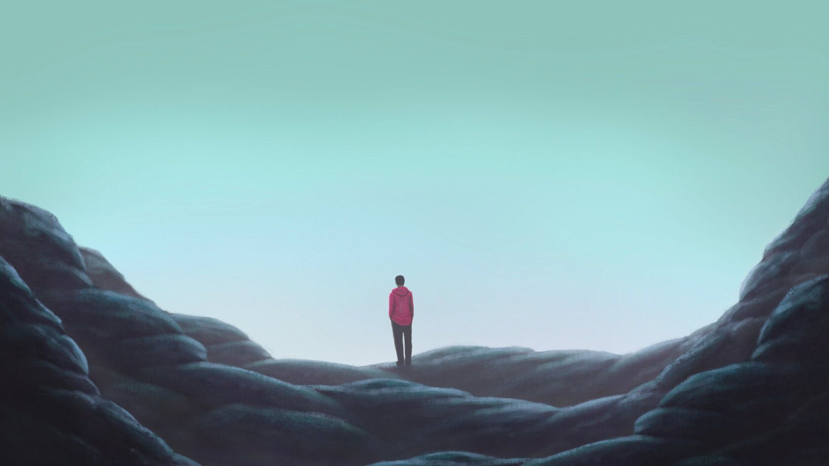 Symbolbild Zeichnung: ein einsamer Mensch steht in einer Talsohle und schaut in die Ferne.