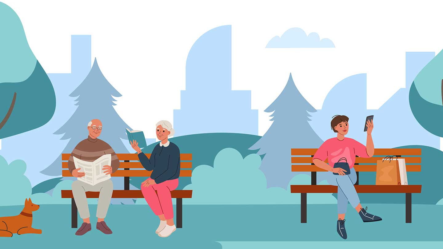Illustration: Ein älteres Paar und eine Frau sitzen auf je einer Bank in einem Park.