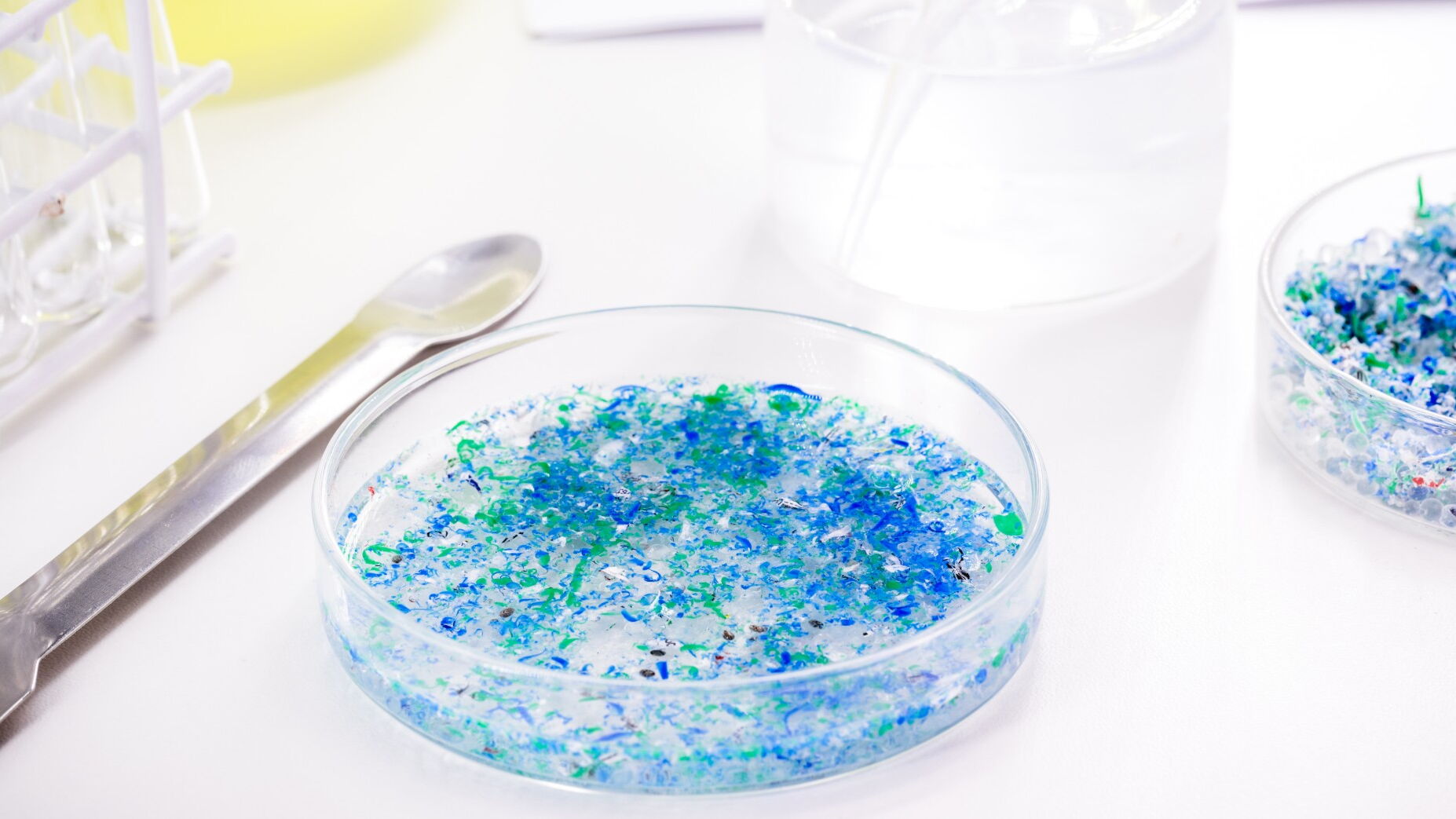 Hand mit Spuren von Plastik und Mikroplastik in einer Petrischale, im Labor analysiert, Studie zu Umweltproblemen