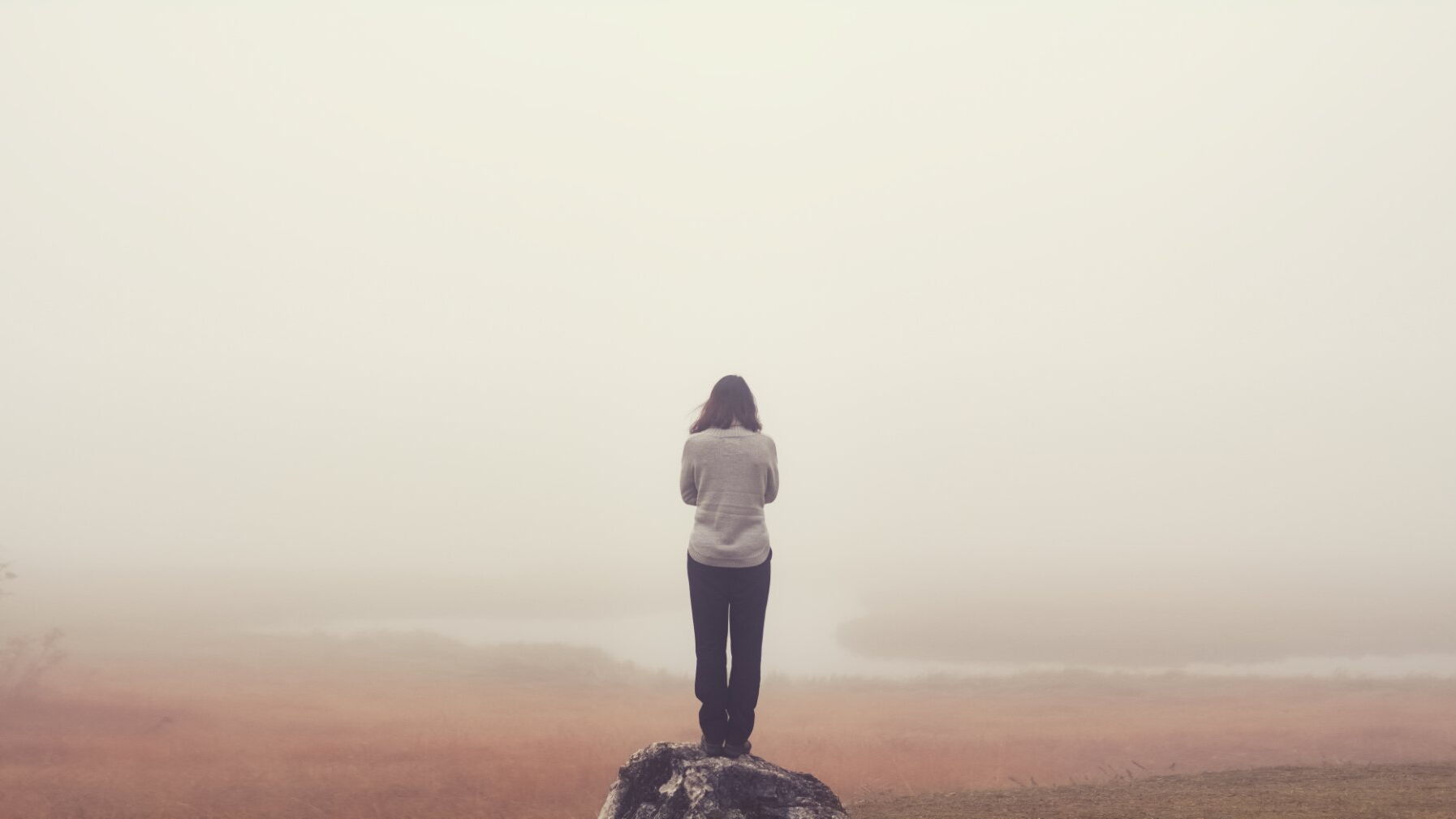 Eine Frau steht auf einem Stein mit dem Rücken zur Kamera und blickt auf eine neblige trostlose Landschaft vor ihr.