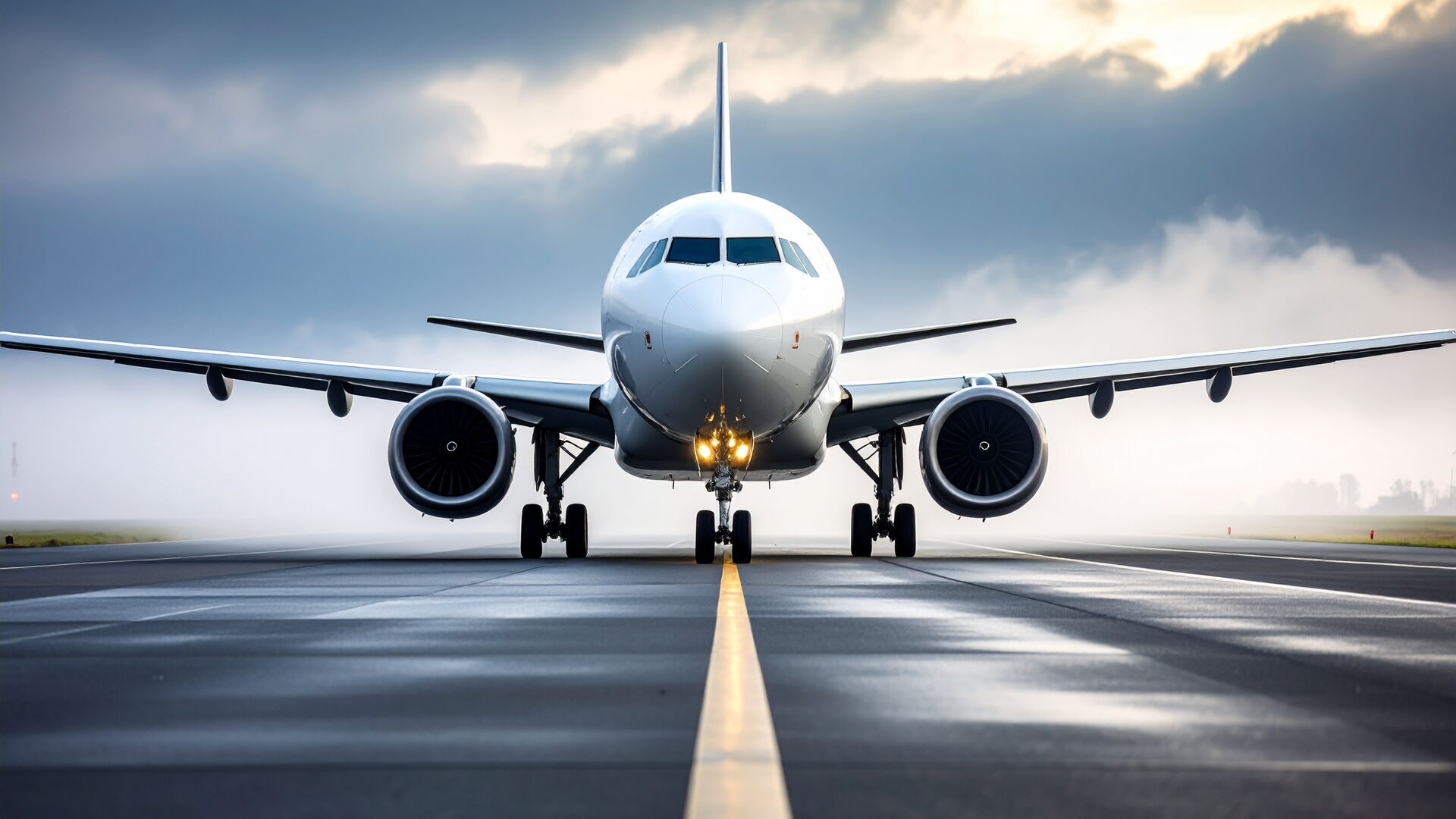 Frontalansicht eines Flugzeugs auf einer vernebelten Startbahn, die Sicht ist schlecht.