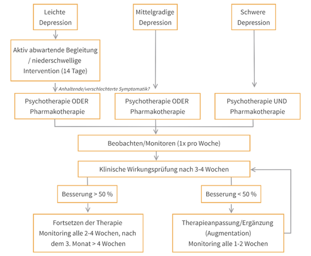 Therapieschema bei leichter, mittelschwerer und schwerer Depression gemäß S3-Leitinie „Unipolare Depression“. Der Entscheidung sollte immer eine partizipatorische Entscheidungsfindung zugrunde liegen (modifiziert nach [1])
