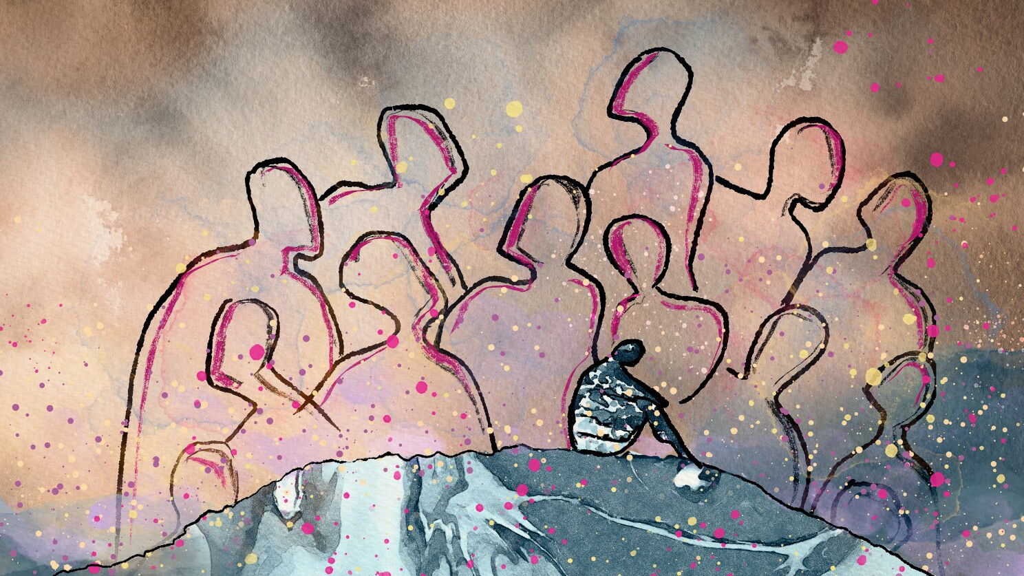 Symboldbild Strichzeichnung: über einer sitzenden Figur lauern mehrere größere bedrohliche Umrisse