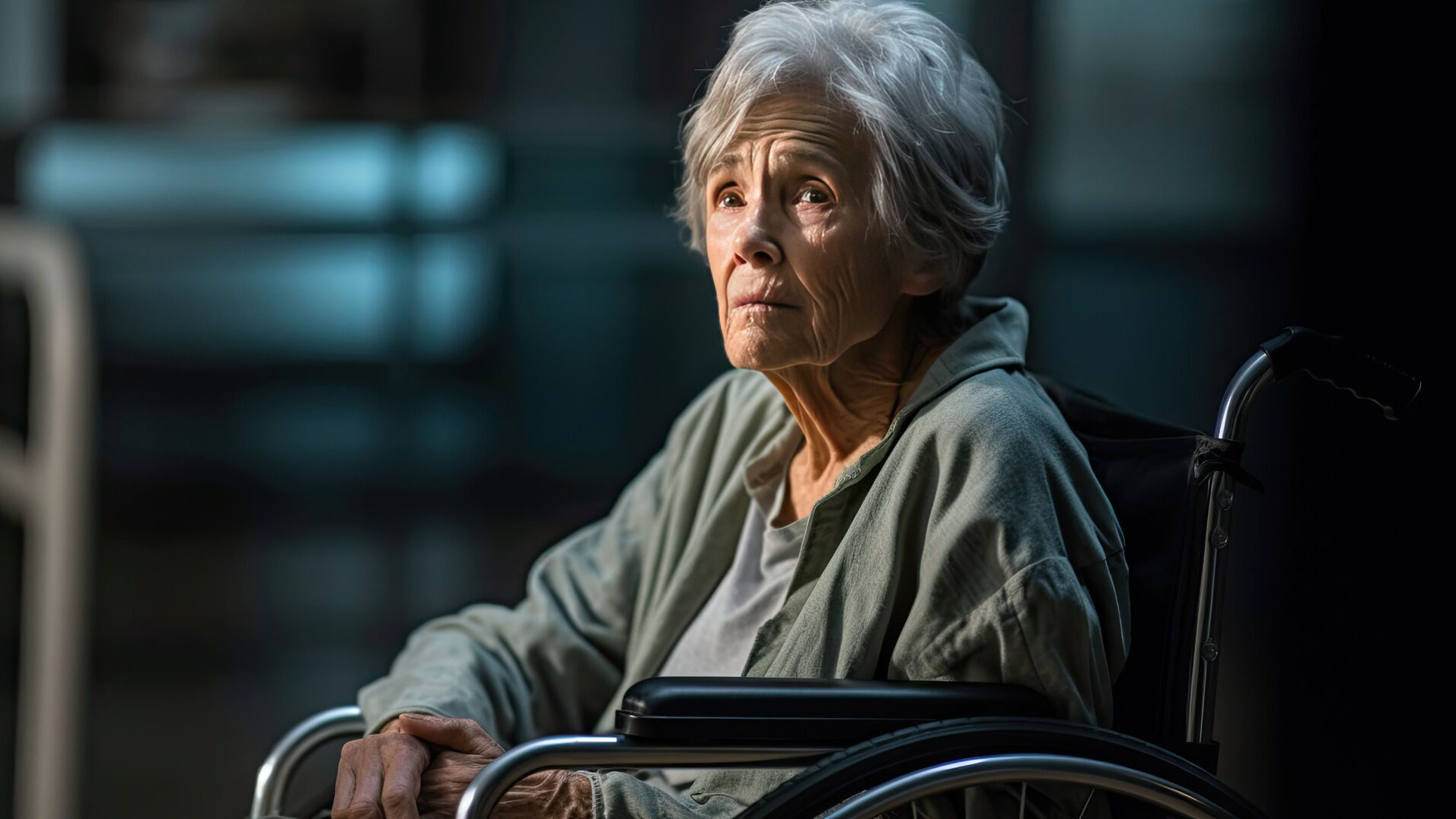 Eine traurig aussehende alte Frau sitzt in einem Rollstuhl